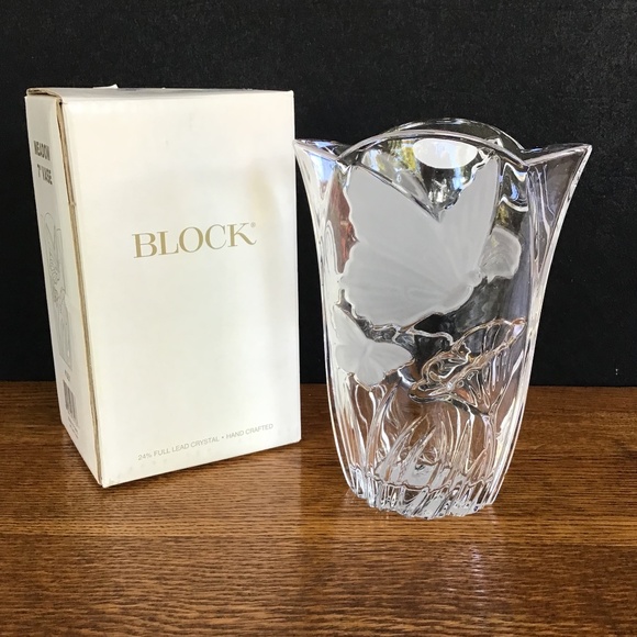 New Block Crystal Vase Butterfly Flowers Glass Hand Crafted Poland - Picture 2 of 14